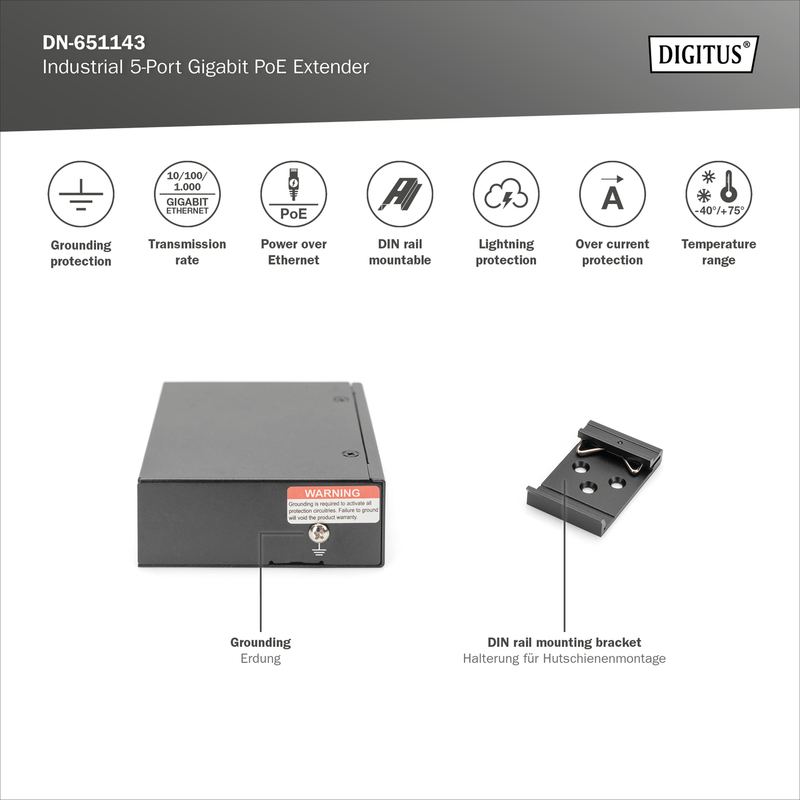 DIGITUS Extender industriale 5 porte Gigabit PoE