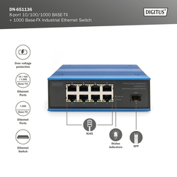 DIGITUS Switch di rete Gigabit Ethernet a 8 porte, industriale, non gestito, 1 collegamento SFP