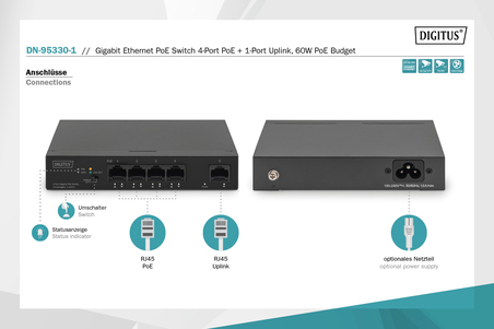 DIGITUS Switch 4 Porte Gigabit PoE Unmanaged, 1 Uplink