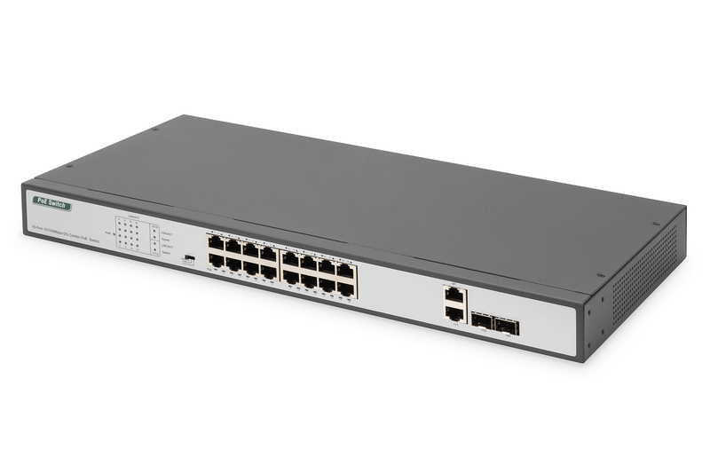 DIGITUS Fast Ethernet PoE Switch 16 porte, 19" Unmanaged, 2 porte Uplink