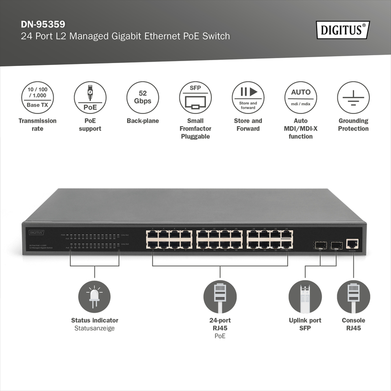 DIGITUS Switch Gigabit Ethernet PoE gestito L2 24 porte