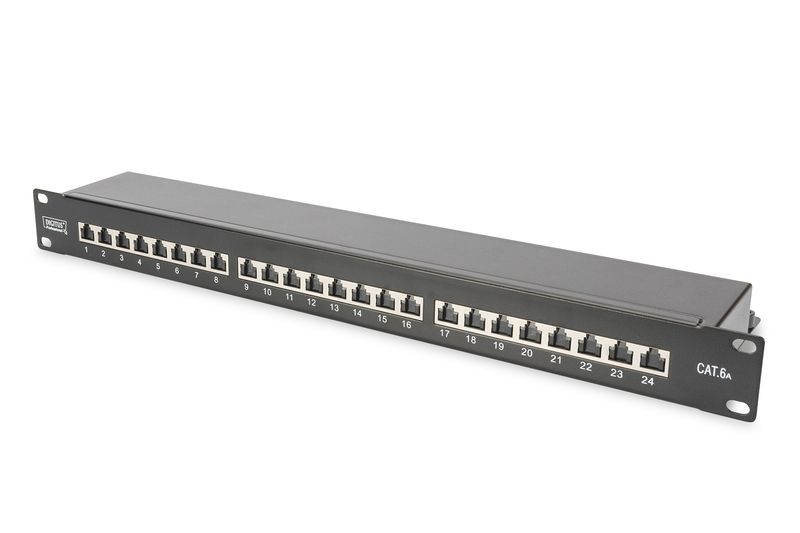 PANNELLO PATCH 19" CATEGORIA 6A SCHERMATO 24 PORTE 8 POLI RJ45 NERO