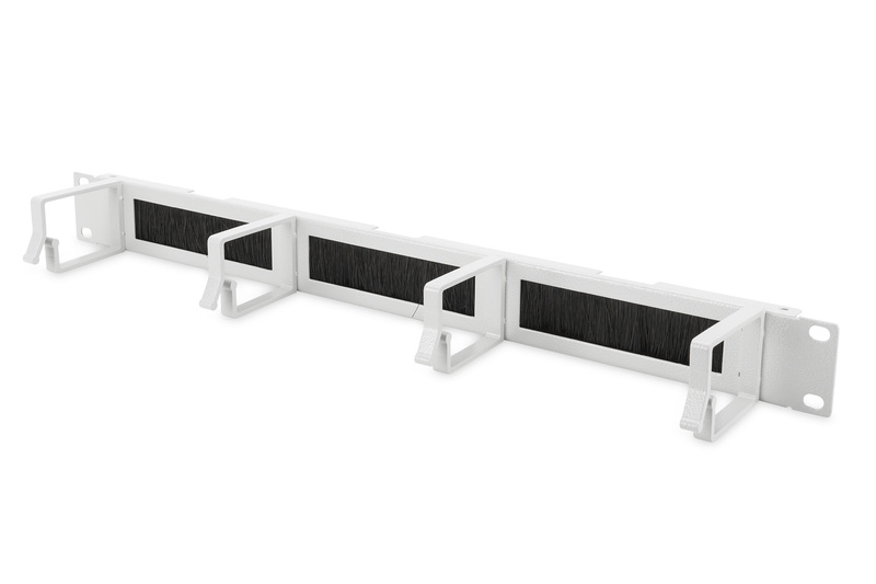 LISTELLO GUIDACAVI FORATO CON SPAZZOLA DI PROTEZIONE PER ARMADI 19" (1 UNITA') GRIGIO CON 4 GANCI