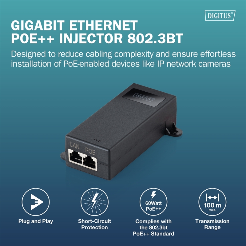 Iniettore Digitus Gigabit Ethernet PoE++ – 802.3bt (60 W) colore bianco