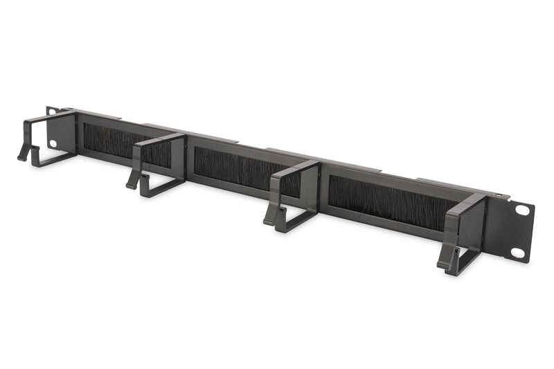 LISTELLO GUIDACAVI FORATO CON SPAZZOLA DI PROTEZIONE PER ARMADI 19" (1 UNITA') NERO CON 4 GANCI