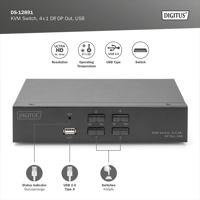 Switch KVM, 4x1 DP, DP Out, USB