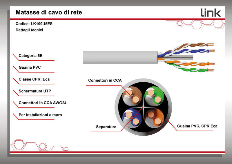 CAVO SOLIDO UTP PER RETI CATEGORIA 5E PVC AWG24 MATERIALE CCA MATASSA MT 100 CLASSE CPR ECA GUAINA BIANCA