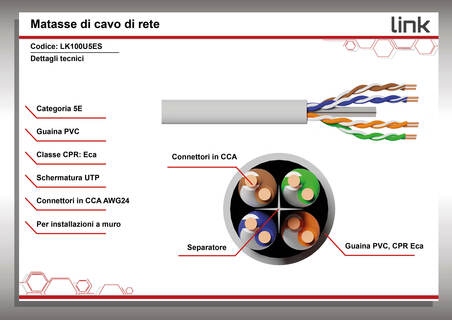 CAVO SOLIDO UTP PER RETI CATEGORIA 5E PVC AWG24 MATERIALE CCA MATASSA MT 100 CLASSE CPR ECA GUAINA BIANCA