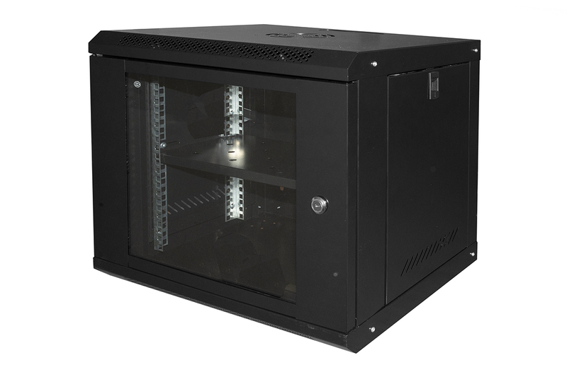 ARMADIO RACK 19" 9U LINK SERIE LIGHT COLORE NERO CON PORTA VETRO (AxPxL) MM 450X400X530 RIPIANO INCLUSO