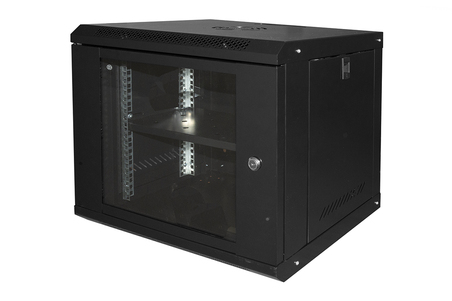 ARMADIO RACK 19" 9U LINK SERIE LIGHT COLORE NERO CON PORTA VETRO (AxPxL) MM 450X400X530 RIPIANO INCLUSO