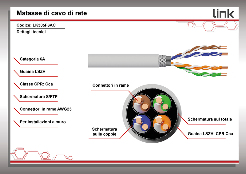 CAVO SOLIDO SCHERMATO S/FTP PER RETI CATEGORIA 6A LSZH AWG23 IN RAME MATASSA MT 305 CLASSE CPR CCA