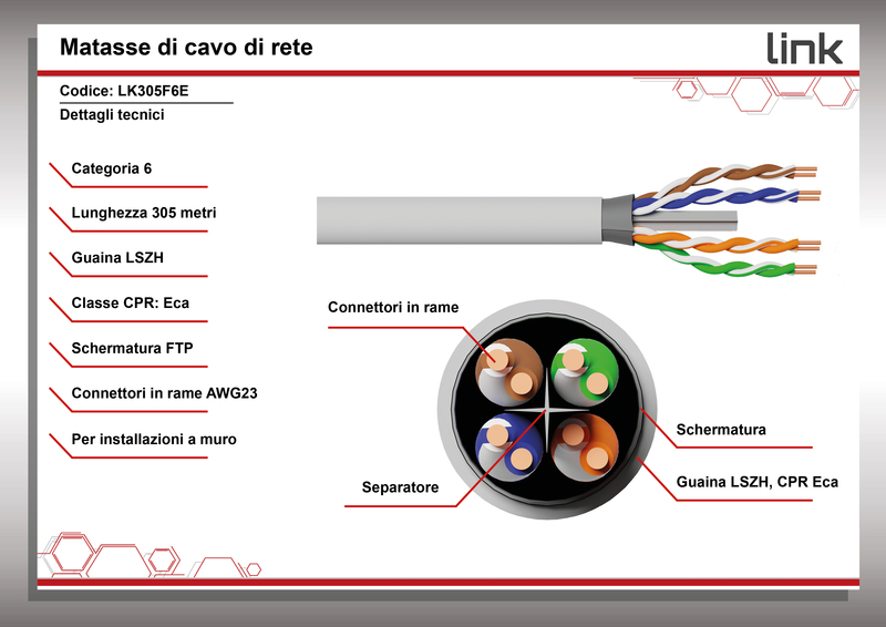 CAVO SOLIDO SCHERMATO FTP PER RETI CATEGORIA 6 LSZH AWG23 IN RAME MATASSA MT 305 CLASSE CPR ECA