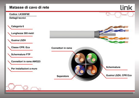 CAVO SOLIDO SCHERMATO FTP PER RETI CATEGORIA 6 LSZH AWG23 IN RAME MATASSA MT 305 CLASSE CPR ECA