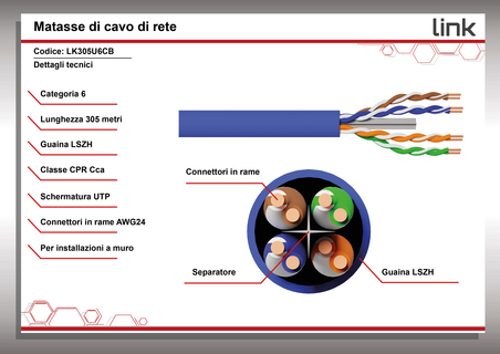 CAVO SOLIDO UTP PER RETI CATEGORIA 6 LSZH AWG24 IN RAME MATASSA MT 305 CLASSE CPR CCA COLORE BLU