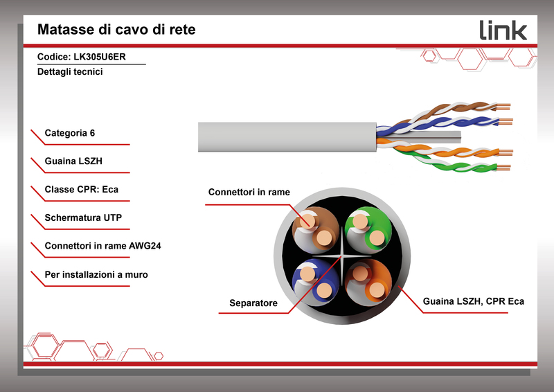 CAVO SOLIDO UTP PER RETI CATEGORIA 6 LSZH AWG24 IN RAME MATASSA MT 305 CLASSE CPR ECA