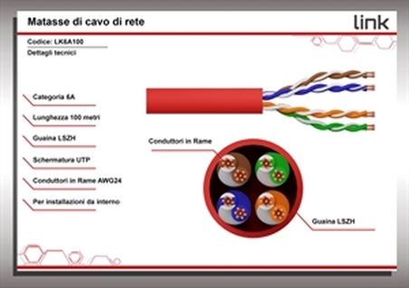 MATASSA CAVO RETE CATEGORIA 6A NON SCHERMATO UTP AWG24 HALOGENFREE FLESSIBILE COLORE ROSSO MT.100