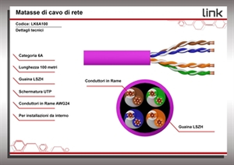 MATASSA CAVO RETE CATEGORIA 6A NON SCHERMATO UTP AWG24 HALOGENFREE FLESSIBILE COLORE VIOLA MT.100