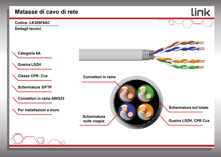 CAVO SOLIDO SCHERMATO S/FTP PER RETI CATEGORIA 6A LSZH AWG23 IN RAME MATASSA MT 305 CLASSE CPR CCA
