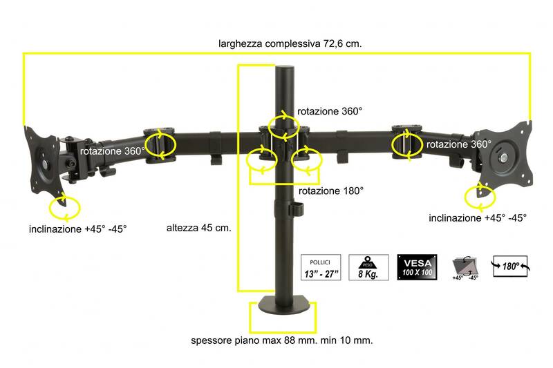 BRACCIO SUPPORTO DA TAVOLO CON MORSA PER 2 MONITOR 13-27" FINO A 8 KG A 3 SNODI