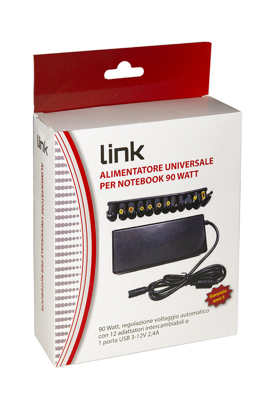 ALIMENTATORE UNIVERSALE PER NOTEBOOK 90 WATT 5A MAX, REGOLAZIONE AUTOMATICA 12-20 VOLT CON 12 ADATTATORI , 1 PORTA USB PER RICAR