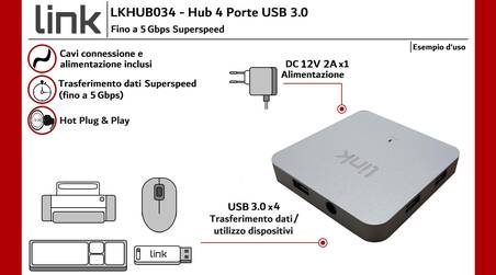 HUB 4 PORTE USB 3.0 CON ALIMENTATORE