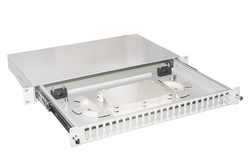 CASSETTO FIBRA OTTICA 24 PORTE PER ADATTATORI SC DUPLEX 1 UNITA' PER INSTALLAZIONE 19" GRIGIO CON BINARI TELESCOPICI