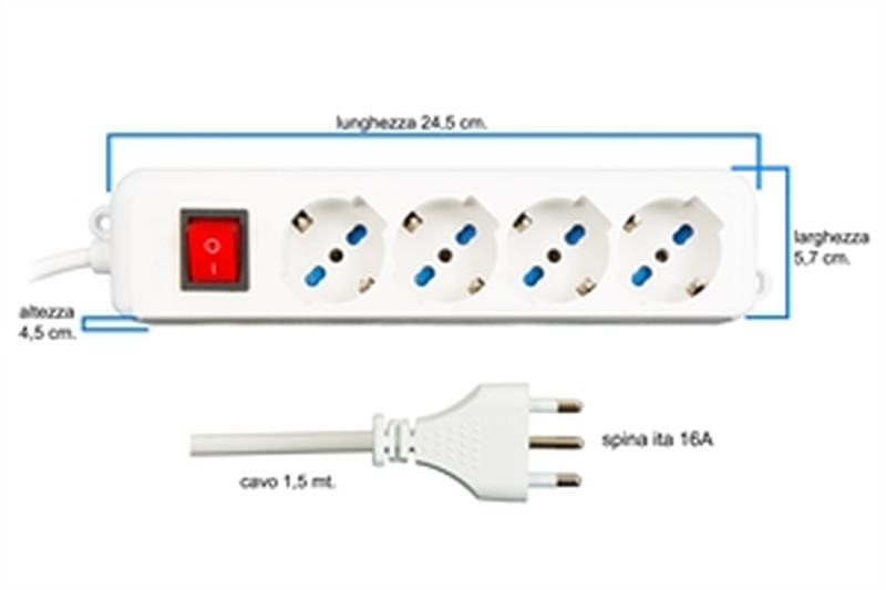 MULTIPRESA 4 PRESE UNIVERSALI ITA/SCHUKO 10/16 A - SPINA 16 A CON INTERRUTTORE