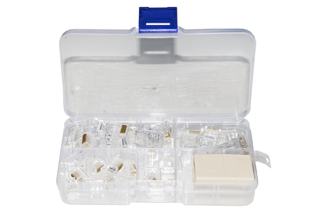 SET ATTREZZI  IN ASTUCCIO CON PINZA PER CONNETTORI 4, 6, 8 POLI, SPELAFILI, TESTER, CASSETTINA CON PLUG 6 E 8 POLI, INSERITORE K
