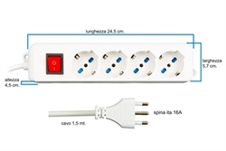 MULTIPRESA 4 PRESE UNIVERSALI ITA/SCHUKO 10/16 A - SPINA 16 A CON INTERRUTTORE