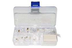 SET ATTREZZI  IN ASTUCCIO CON PINZA PER CONNETTORI 4, 6, 8 POLI, SPELAFILI, TESTER, CASSETTINA CON PLUG 6 E 8 POLI, INSERITORE K