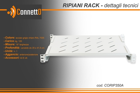 RIPIANO PER ARMADIO RACK 19" ALLUNGABILE 350 MM CON 4 AGGANCI GRIGIO