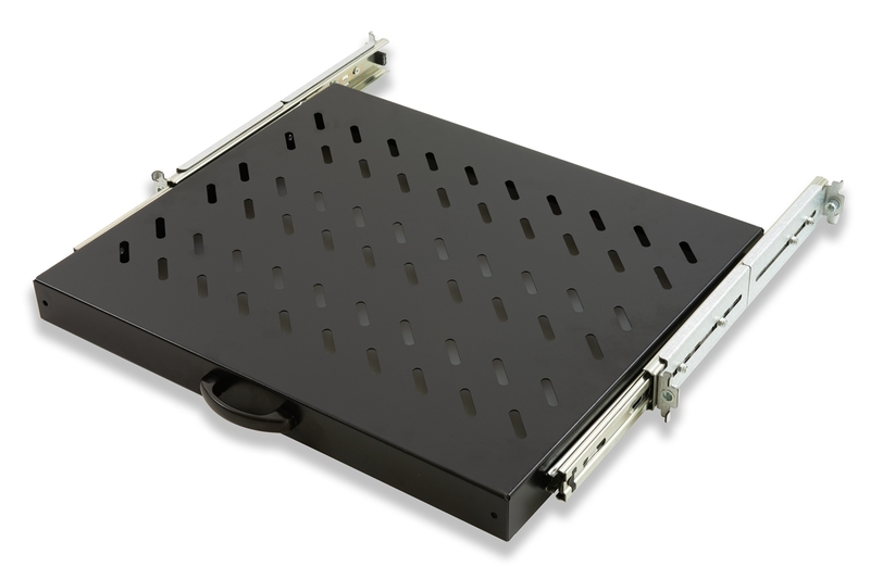 RIPIANO UNIVERSALE PER ARMADIO RACK 19" ESTRAIBILE SU BINARI TELESCOPICI 1 UNITA' NERO 370 MM.