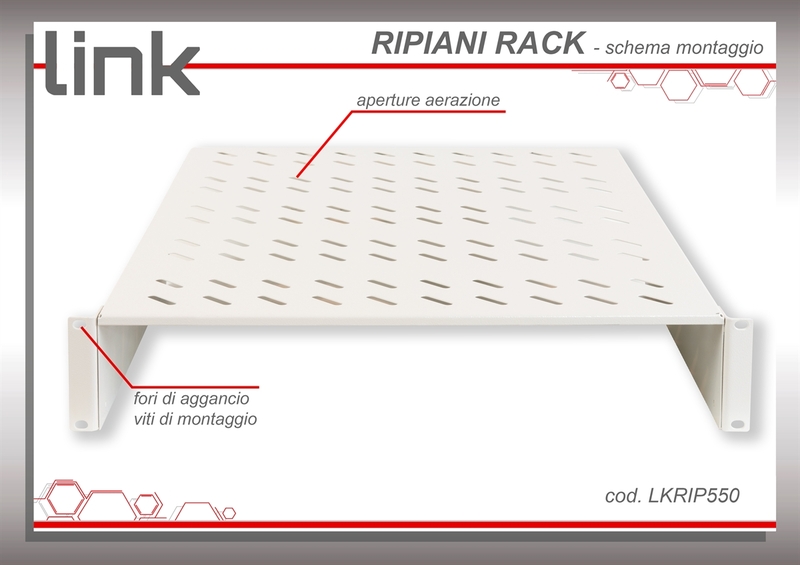 RIPIANO PER ARMADIO 19" 2 UNITA' PROFONDITA' 550 MM. (UNIVERSALE) 2 ATTACCHI (FRONTALI) COLORE GRIGIO