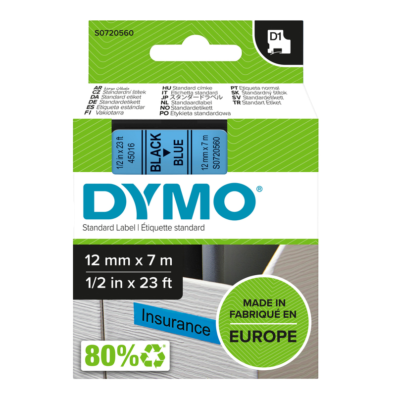 NASTRO DYMO TIPO D1 (12MMX7M) NERO/BLU 450160