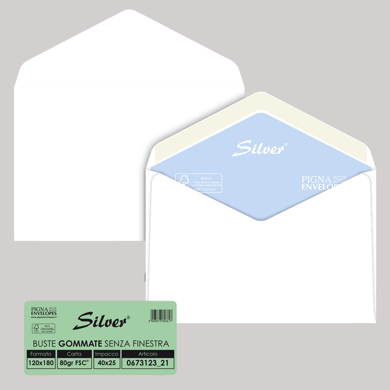 25 buste SILVER MATIC FSCÂ® gommata bianca s/finestra 120x180mm 80gr Pigna