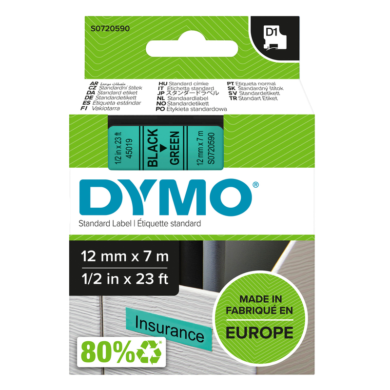NASTRO DYMO TIPO D1 (12MMX7M) NERO/VERDE 450190