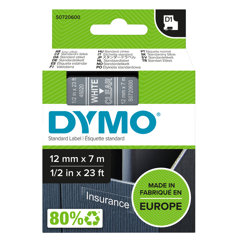 NASTRO DYMO TIPO D1 (12MMX7M) BIANCO/TRASPARENTE 450200