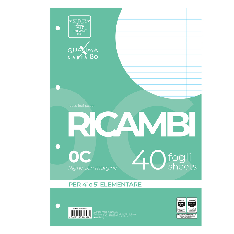 RICAMBI FORATI A4 1RIGO C/MARG. QUAXIMA 40FG 80GR PIGNA