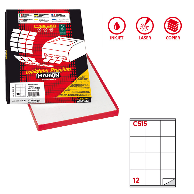 Etichetta adesiva C/515 bianca 100fg A4 70x72mm (12et/fg) Markin