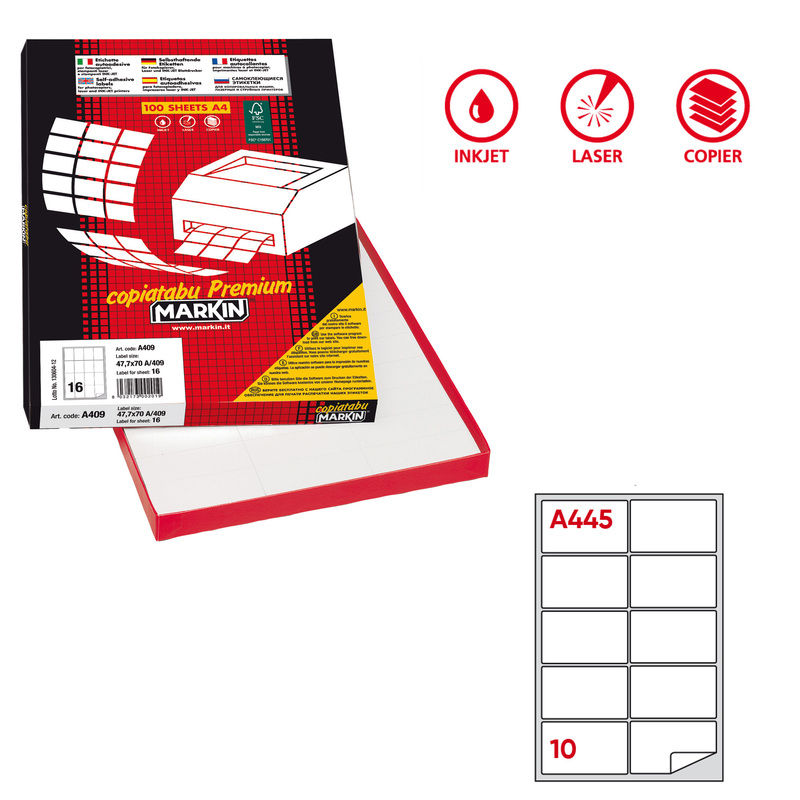Etichetta adesiva A/445 bianca 100fg A4 99,6x57mm (10eti/fg) Markin
