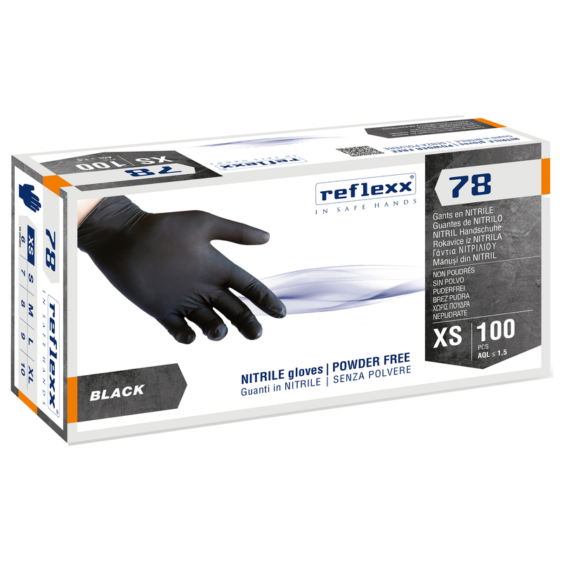 Conf 100 Guanti in nitrile R78 s/polvere tg XS nero Reflexx