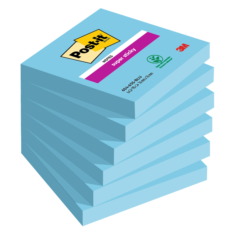 Cf. 6pz 90 foglietti Post-itR Super Sticky 76x76mm 654-6SS blu