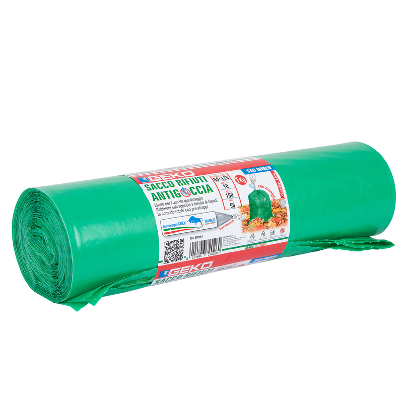 10 Sacchi rifiuti da giardino c/fascetta 80x120cm- 150Lt 56my verde Geko