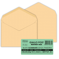 25 buste GIALLO POSTALE gommata carta riciclata FSCR 180x240mm 80gr Pigna Envelo