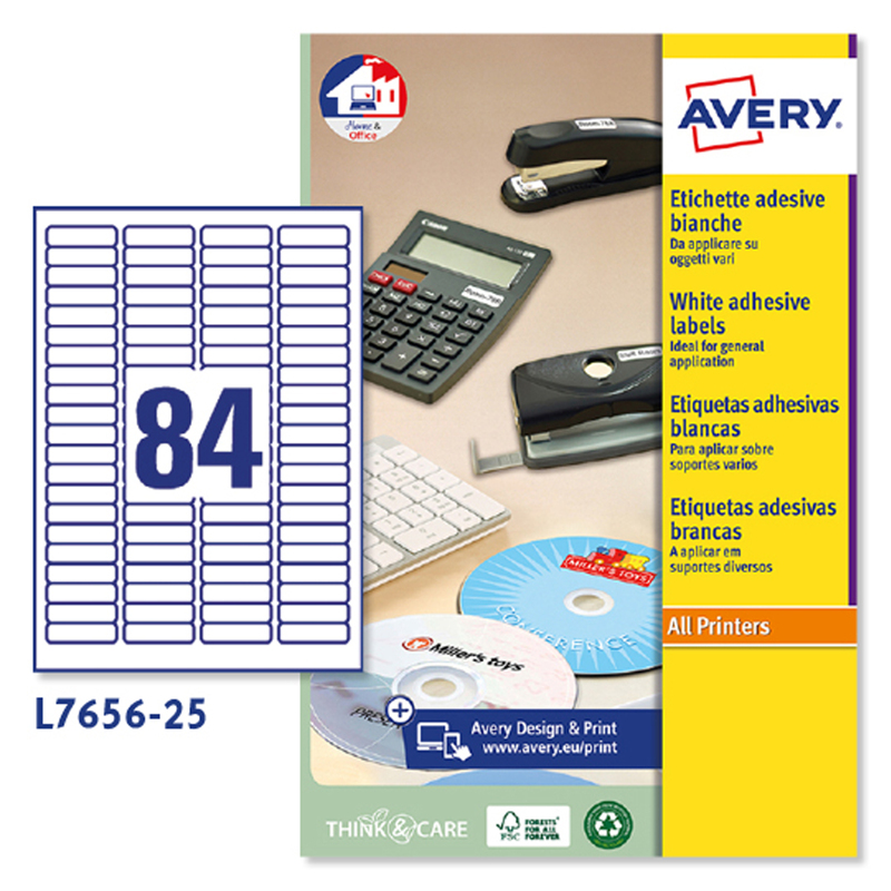 Etichette adesive L7656 bianche 25fg A4 46x11,1mm (84et/fg) inkjet/laser Avery