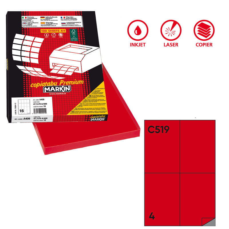 Etichetta adesiva C/519 rosso 100fg A4 105x148,5mm (4et/fg) Markin