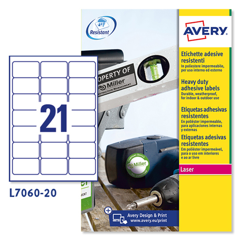 Poliestere adesivo L7060 bianco 20fg A4 63,5x38,1mm (21et/fg) laser Avery