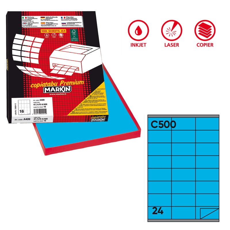 Etichetta adesiva C/500 blu 100fg A4 70x36mm (24et/fg) Markin