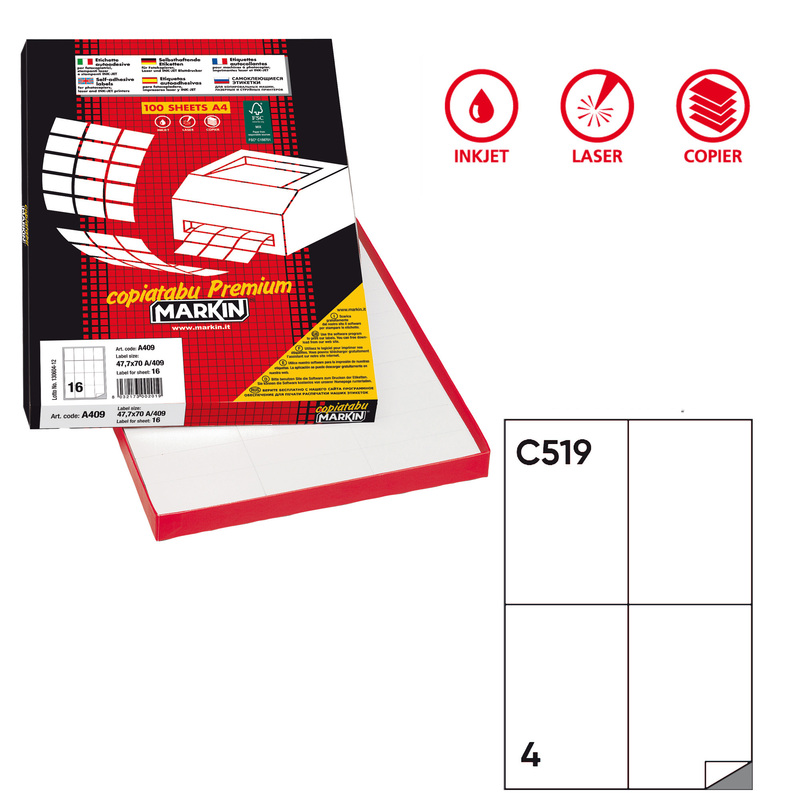 Etichetta adesiva C/519 bianca extra forte 100fg A4 105x148,5mm (4et/fg) Markin