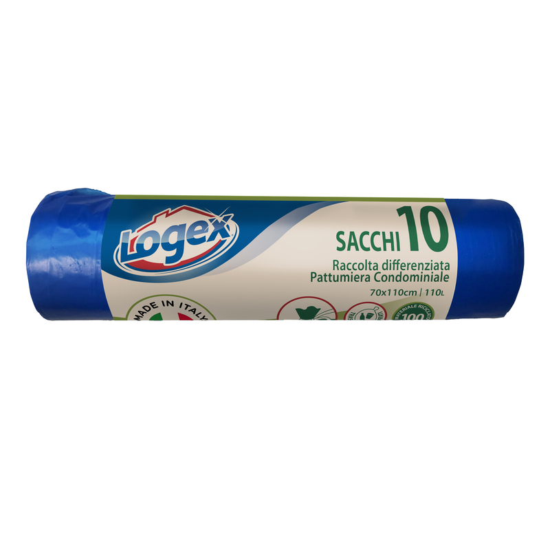 10 SACCHI IMMONDIZIA 70X110CM 110LT HD 16Âµ AZZURRO LOGEX